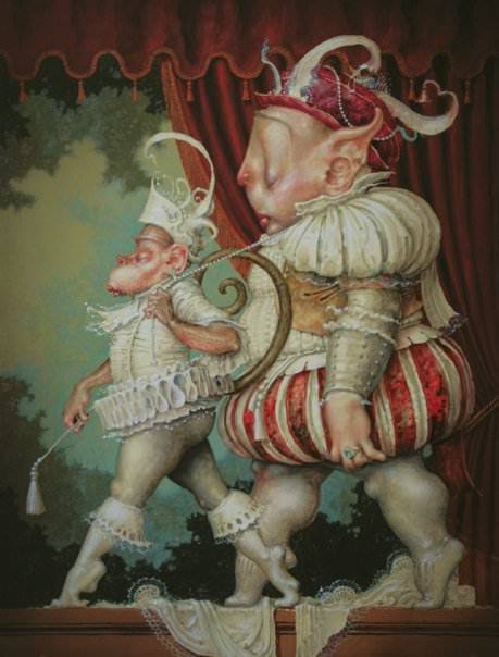 A fantasy surrealist painting by David Merriam of two snooty characters walking in baroque costumes