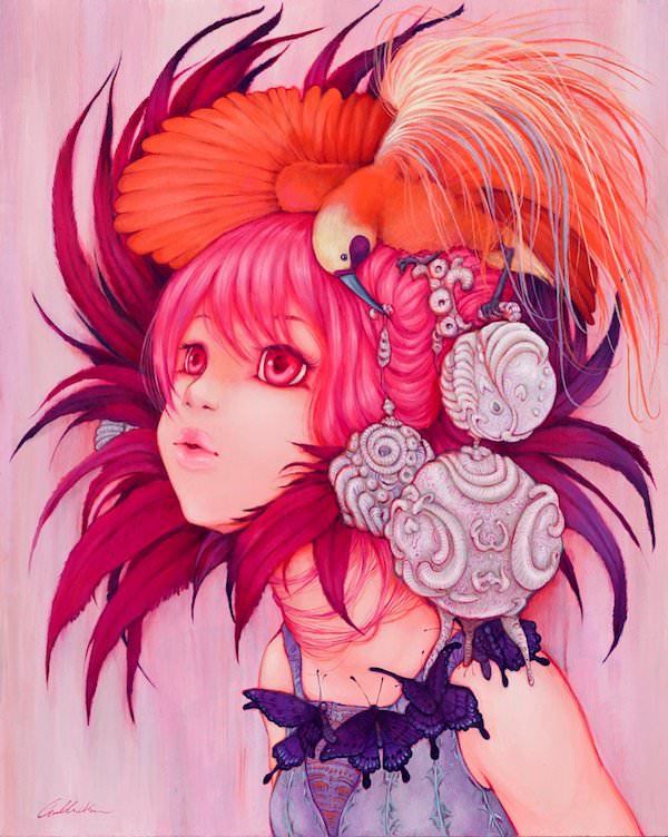 A manga painting of a girl wearing birds and butterflies by Camilla Derrico