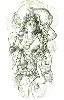 A Hindu goddess wears a necklace of skulls in this tattoo sketch by Jee Sayalero