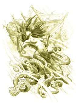 A beautiful fantasy tattoo sketch by Jee Sayalero of mermaid with tentacles