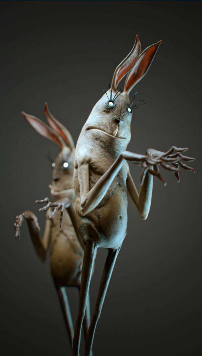 A highly realistic 3D character design by Joel Bernt Sundberg shows horror bunnies born out of easter and halloween