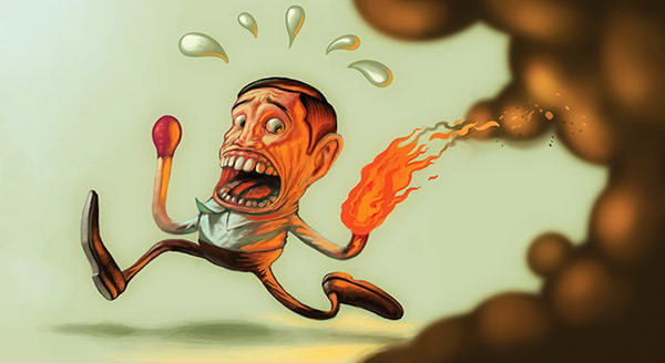 A matchstick man runs away from his flaming hand in this funny painting by Joel Bernt Sundberg