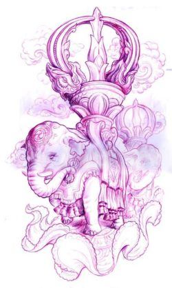 A new school fantasy tattoo sketch by Jee Sayalero of an elephant carrying a crown
