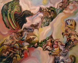 A psychedelic painting of warped shapes by Robert Treece