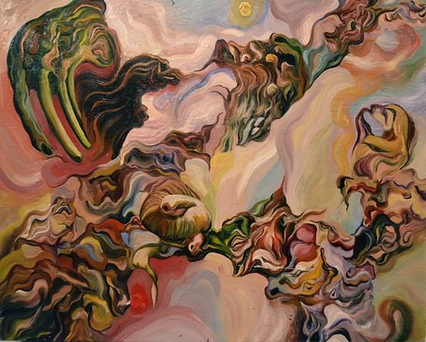 A psychedelic painting of warped shapes by Robert Treece