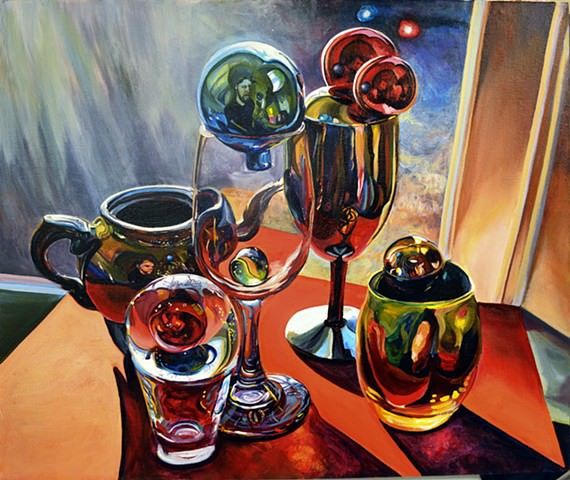 A psychedelic surrealism painting by Robert Treece of a glassware still life