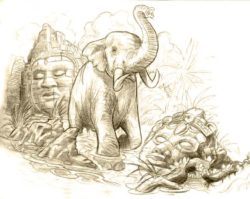 An elephant wades through the ruins of an ancient temple in this tattoo sketch by Jee Sayalero