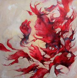 A baby fetus emerges from blood clots in this powerful painting by Shann Larsson