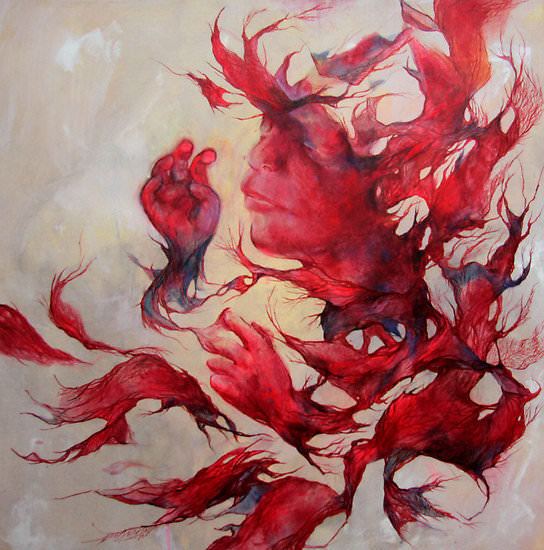 A baby fetus emerges from blood clots in this powerful painting by Shann Larsson
