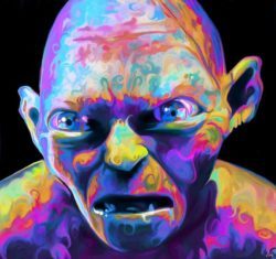 A colorful and trippy makeover painting of Gollum by Nicky Barkla