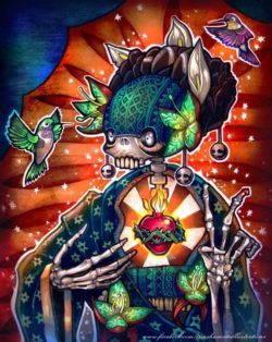 A creative digital paintng by Tim Shumate of a skeleton, burning heart and hummingbirds