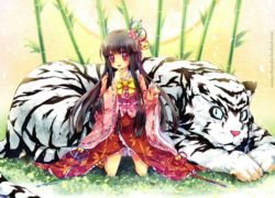 A cute Asian manga character poses with a white tiger in this Photoshop painting by Namie-kun