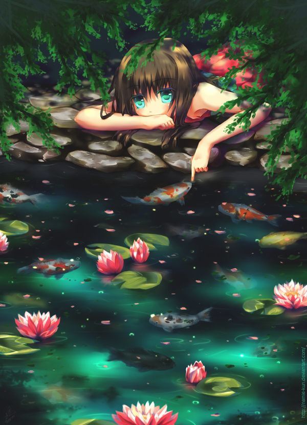 A cute but sad manga girl plays with koi fish and lotus flowers in this Photoshop painting by Namie-kun