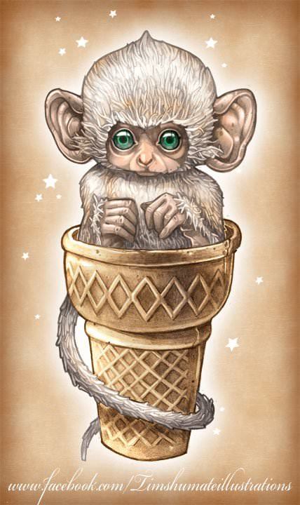 A cute monkey sits in an ice cream cone in this illustration by Tim Shumate