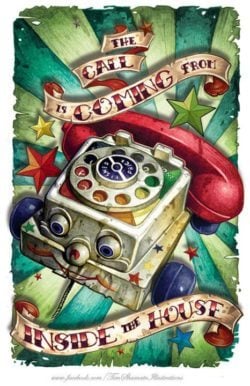 A cute poster painting by Tim Shumate of a kids toy telephone