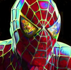 A fan art painting of Spiderman with a colorful twist by Nicky Barkla