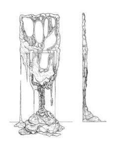 A front and side view sketch of a melting wood sculpture by French artists Bonsoir Paris
