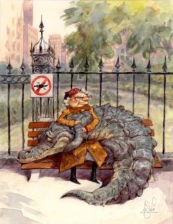 A funny illustration by Peter de Seve f an old lady with an alligator on her lap