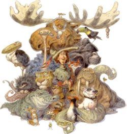 A funny illustration by Peter de Seve of a man surrounded by humorous animals