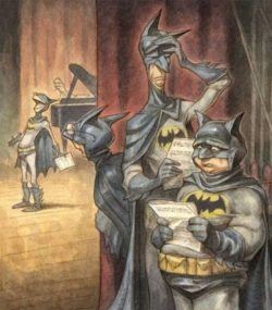 A funny illustration by Peter de Seve of actors auditioning for Batman the Musical