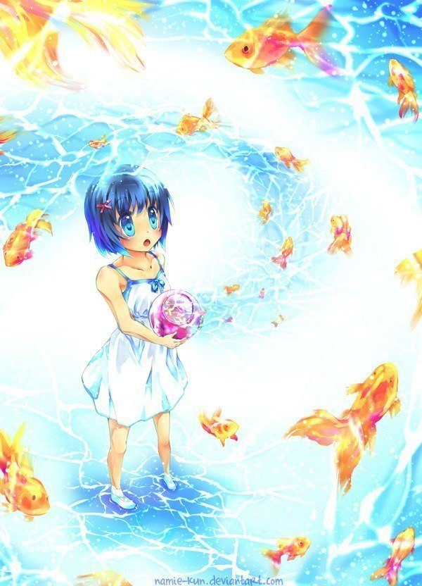 A little manga girl releases flying goldfish in this cute Photoshop painting by Namie-kun
