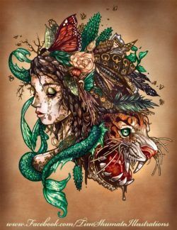 A mermaid and a tiger merge in this illustrated art collage by Tim Shumate