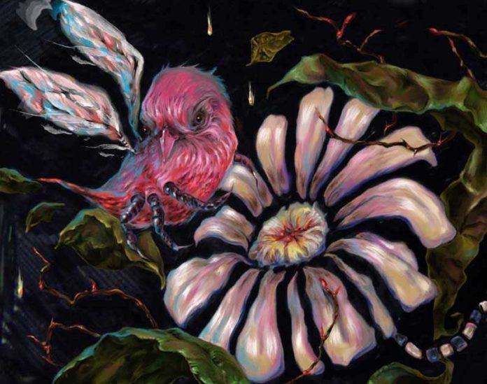 A spider bird sits on a flower in this surrealist painting by Shann Larsson