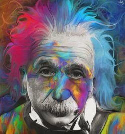 Albert Einstein gets a rainbow hairdo in this colorful fan art painting by Nicky Barkla