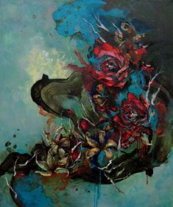 An abstract mixed media painting by Shann Larsson that combines human eyes with flowers