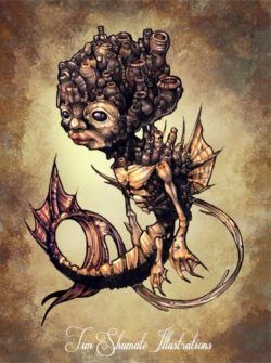 An illustration of a strangely cute seahorse alien character by Tim Shimute