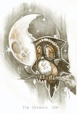 An owl gets a bellyache after chewing on the moon in this illustration by Tim Shumate