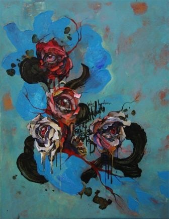 Beautiful human eyes peek out of rose flowers in this abstract painting by Shann Larsson