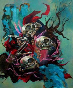 Bird skulls and branches dance in this abstract surrealist painting by Shann Larsson