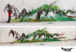 Chinese graffiti artist Hua Tunan adds the finishing touches to a splatter graffiti art work