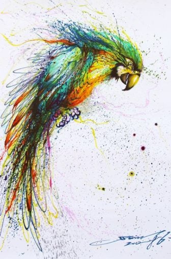 Chinese graffiti artist and painter Hua Tunan creates a laughing parrot out of splatters