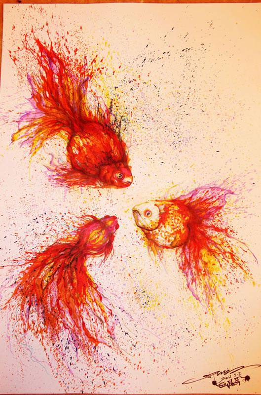 Chinese graffiti artist and painter Hua Tunan creates three fantail goldfish with splatters