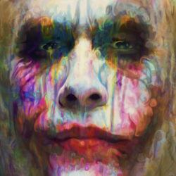 Heath Ledger as the Joker, painted in psychedelic colors and patterns by Nicky Barkla