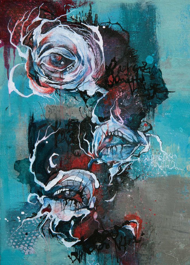 Human eyes seem to weep tears into creacks in this abstract painting by Shann Larsson