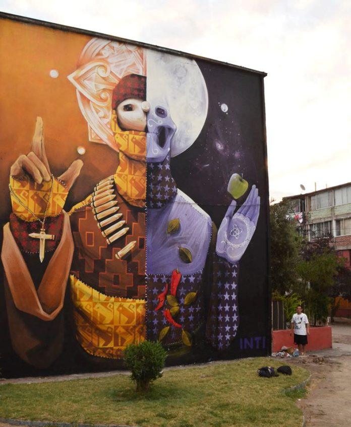 This fantastic and unusual graffiti painting by Inti challenges religion and technology