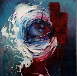 This sad eye seems to have roots for eyelashes in this abstract painting by Shann Larsson