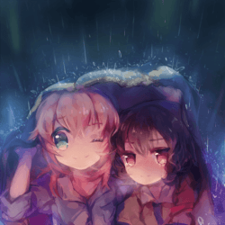Two cute manga girls shelter from the rain in this Photoshop painting by Namie-kun
