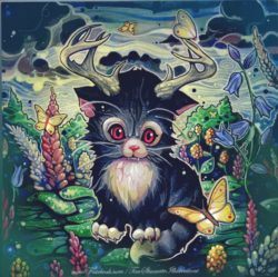 a cute kitten with antlers stares at butterflies in this painting by Tim Shumate
