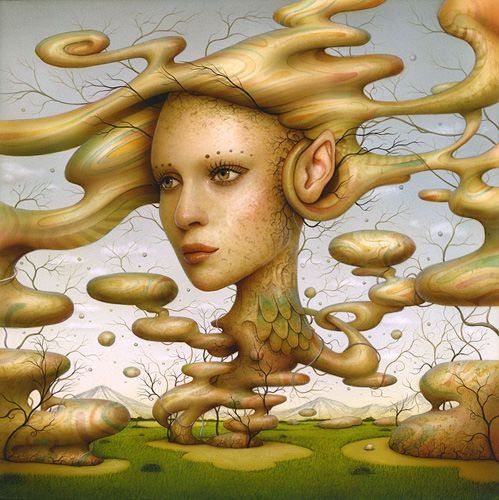 A beautiful girl grows out of the ground in this surrealist painting by Naoto Hattori