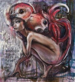 A beautiful nude girl poses with a monkey on her back in this graffiti painting by Herakut