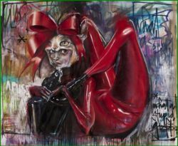 A contortionist girl wearing a red cat suit and a red ribbon stares worriedly out of this painting by Herakut