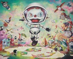 A cute cartoon character wears a peace suit in this pop surrealism painting by Yosuke Ueno