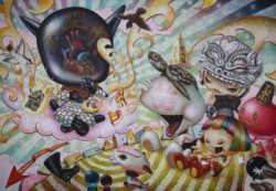 A cute cartoon girl with rainbow hair laughs in this pop surrealism painting by Yosuke Ueno