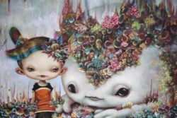 A cute girl and her pet wear alien coral in this pop surrealism painting by Yosuke Ueno