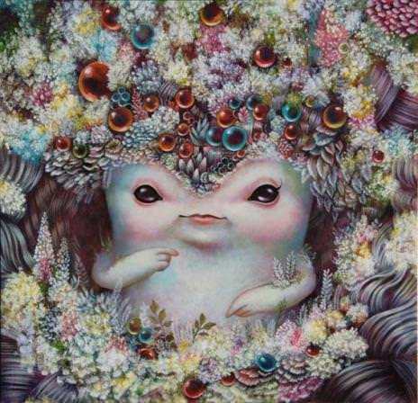 A cute little beastie sits in a beautiful alien garden in this surrealist painting by Yosuke Ueno