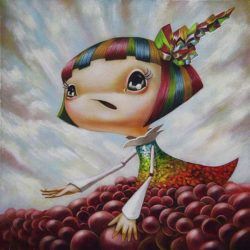A cute pop surrealism painting by Yosuke Ueno of a girl with rainbow hair